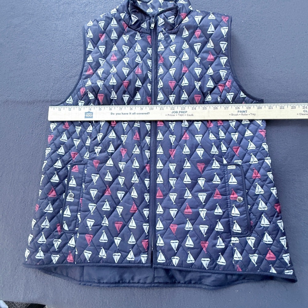 Talbots Puffer Vest Womens Large Navy Blue Sailboat Print Quilted Nautical Beach - Picture 8 of 13